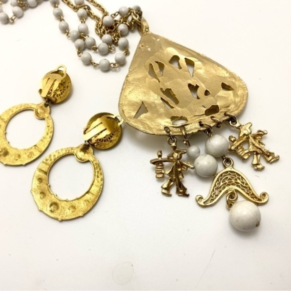 VINTAGE Byzantine Inspired Asian Goldtone Chinamen Beaded Earrings Necklace - Picture 3 of 7